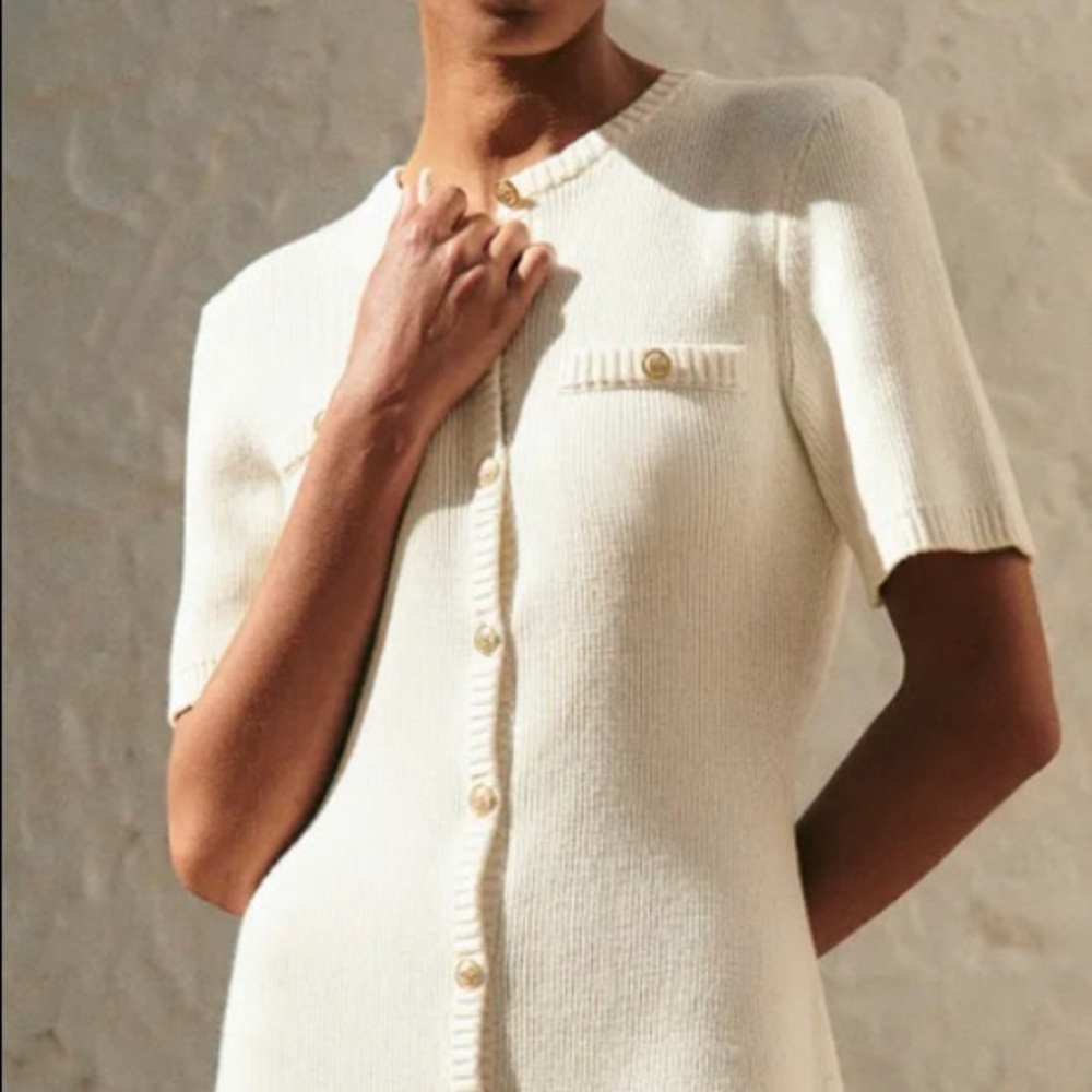 H&M 100% Cotton Rib-knit Fitted Button Front Dress White medium blogger fav nwot